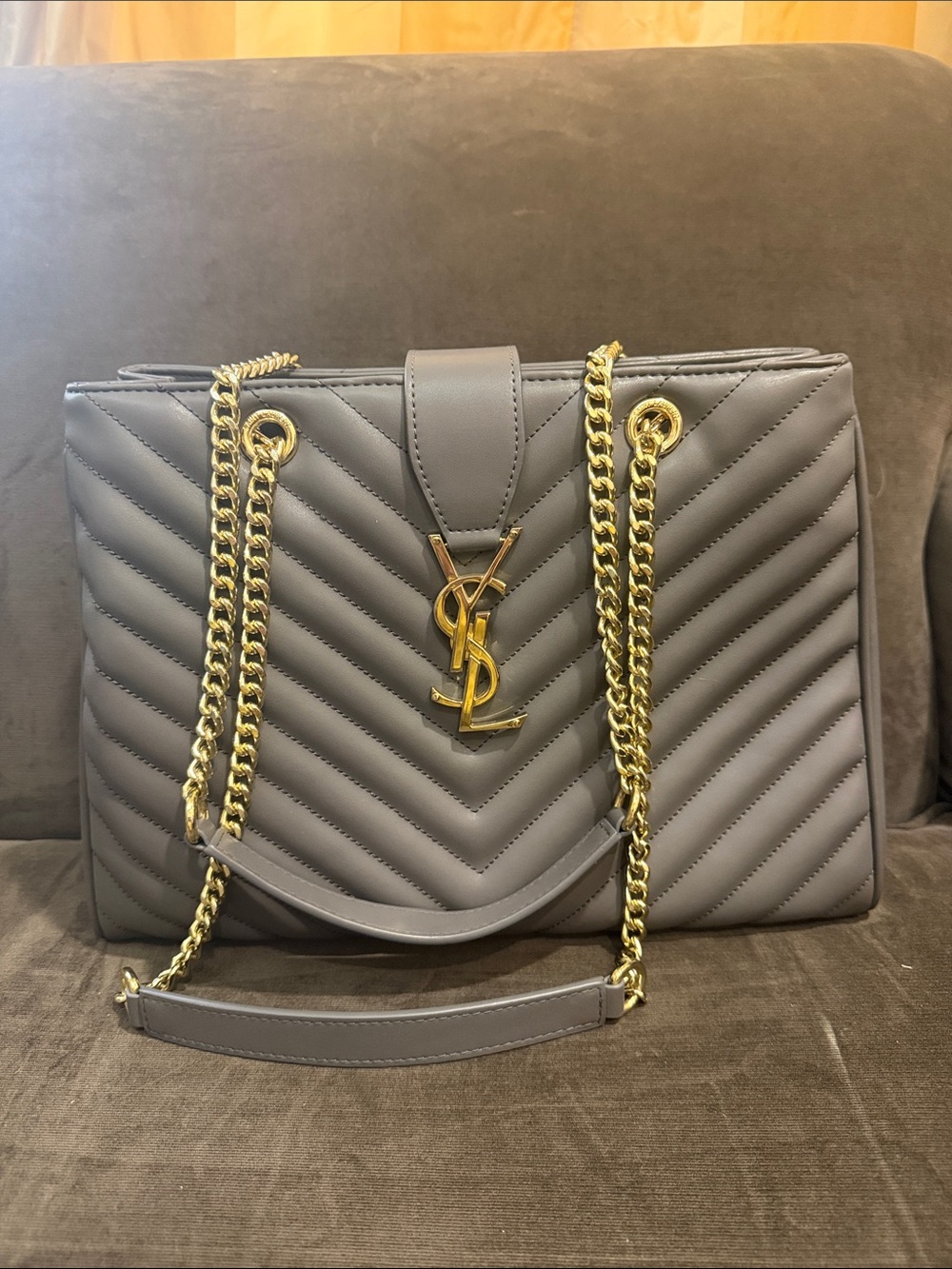 Saint Laurent INSPIRED Gray Quilted Monogram Chain Shoulder Bag
